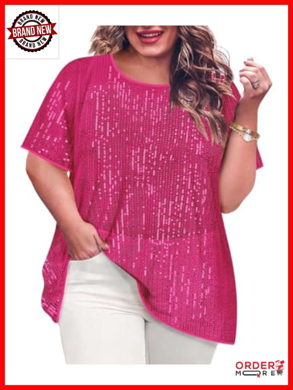 Plus Size Sequin Tunic Tops Crewneck Sparkly Slimming Party Tops